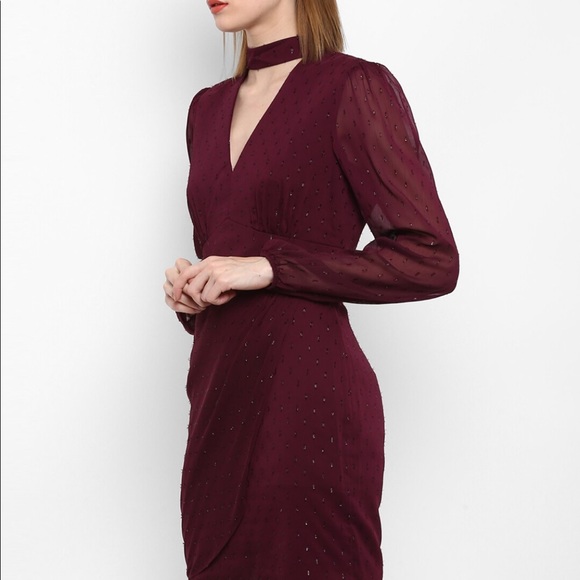 forever new wine colour Delilah metallic halo neck dress - Picture 7 of 9